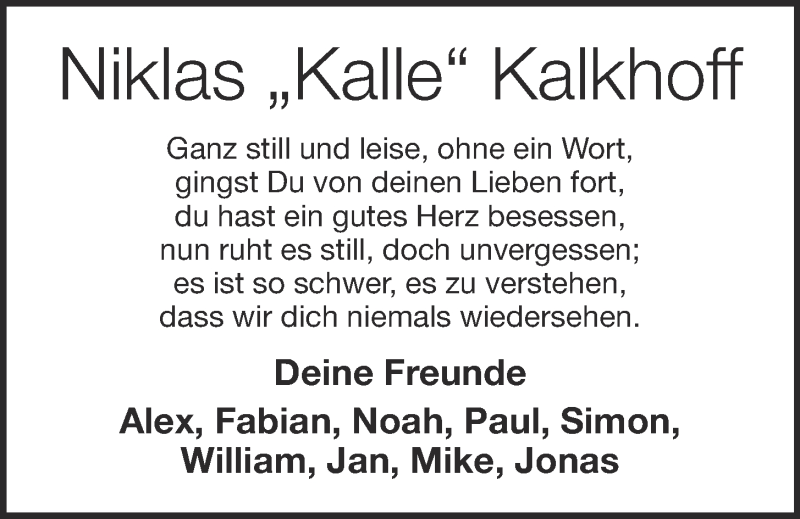  Traueranzeige für Niklas Kalkhoff vom 31.12.2019 aus OM-Medien