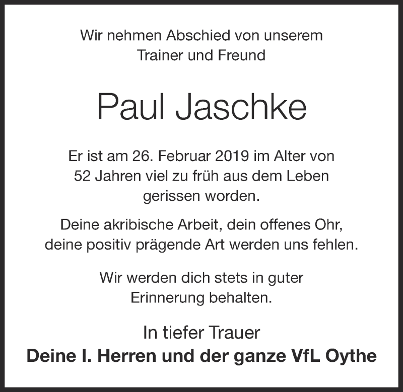  Traueranzeige für Paul Jaschke vom 02.03.2019 aus OM-Medien