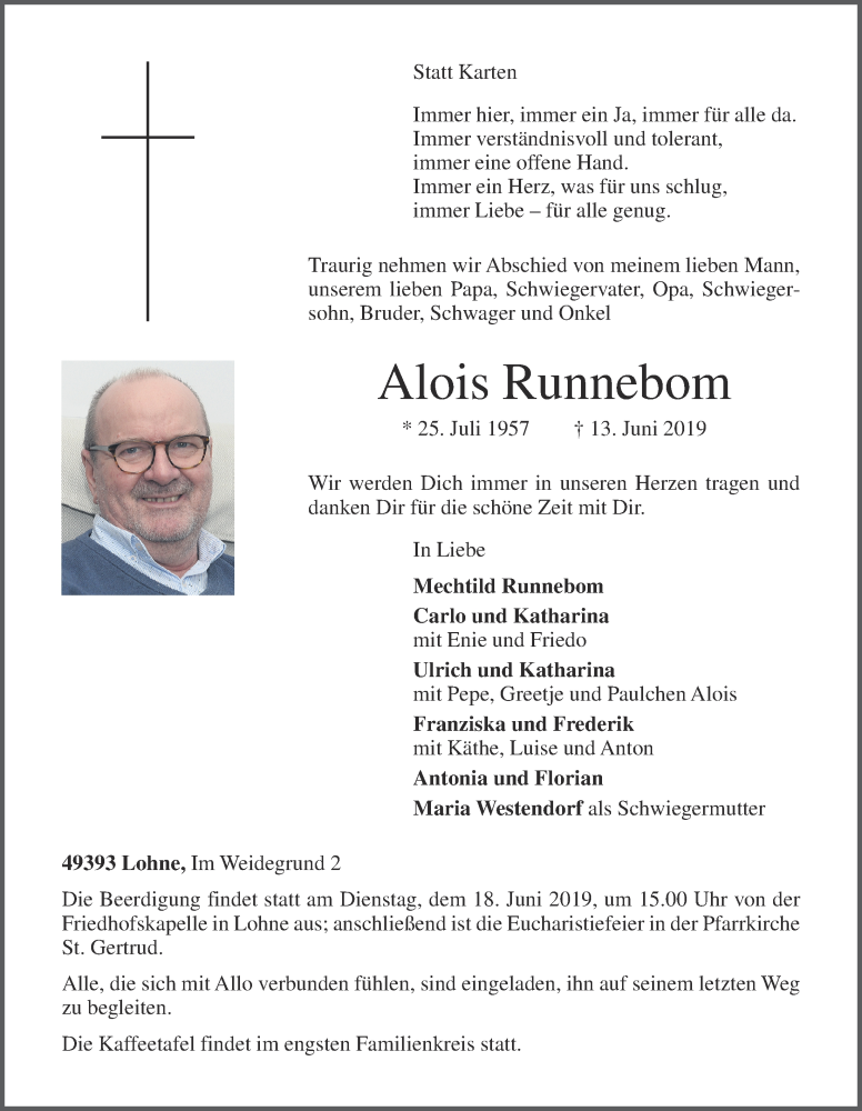  Traueranzeige für Alois Runnebom vom 15.06.2019 aus OM-Medien