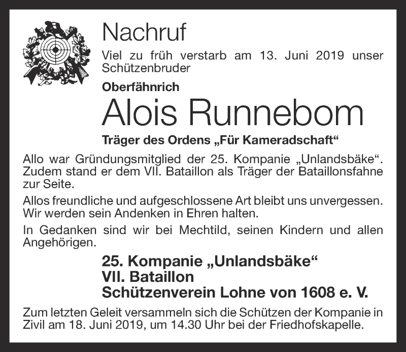  Traueranzeige für Alois Runnebom vom 17.06.2019 aus OM-Medien