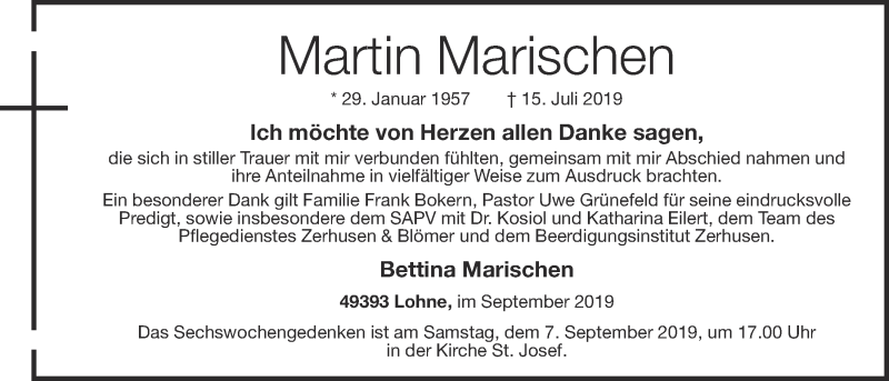  Traueranzeige für Martin Marischen vom 05.09.2019 aus OM-Medien