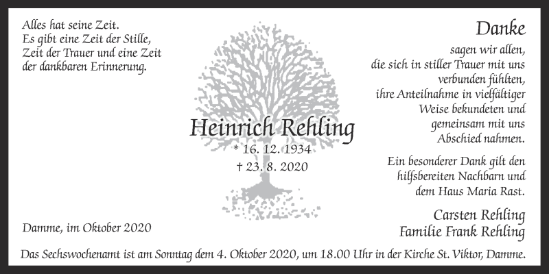  Traueranzeige für Heinrich Rehling vom 01.10.2020 aus OM-Medien