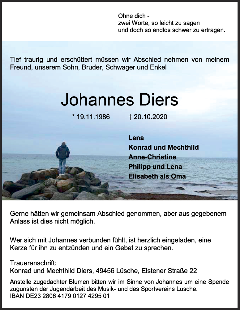  Traueranzeige für Johannes Diers vom 26.10.2020 aus OM-Medien