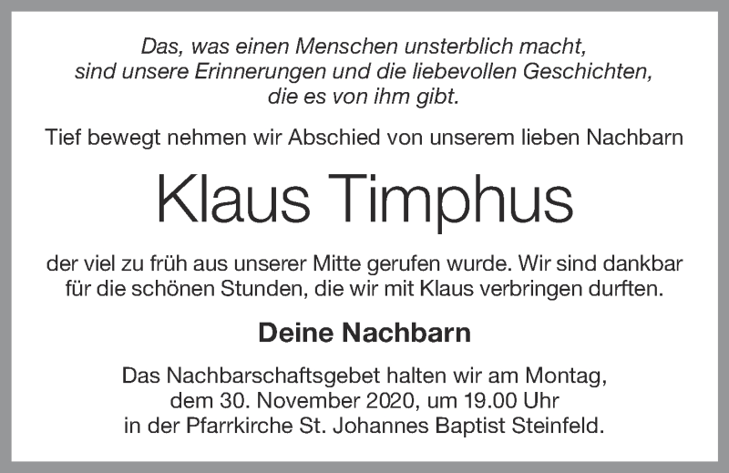  Traueranzeige für Klaus Timphus vom 30.11.2020 aus OM-Medien