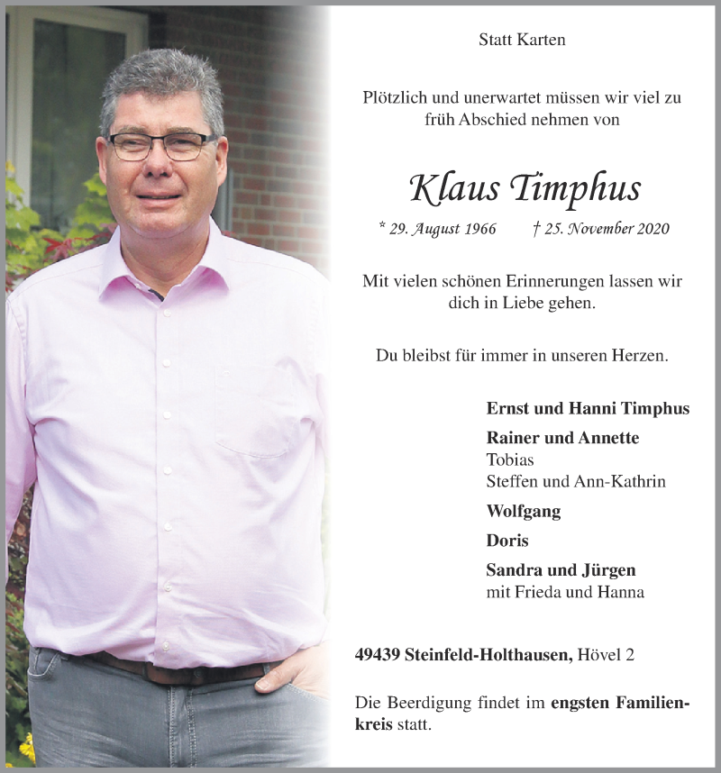  Traueranzeige für Klaus Timphus vom 28.11.2020 aus OM-Medien