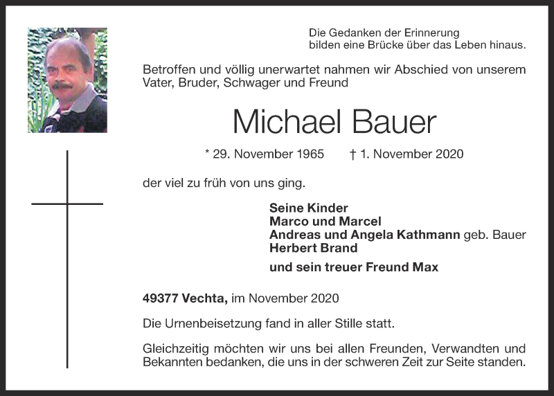  Traueranzeige für Michael Bauer vom 28.11.2020 aus OM-Medien
