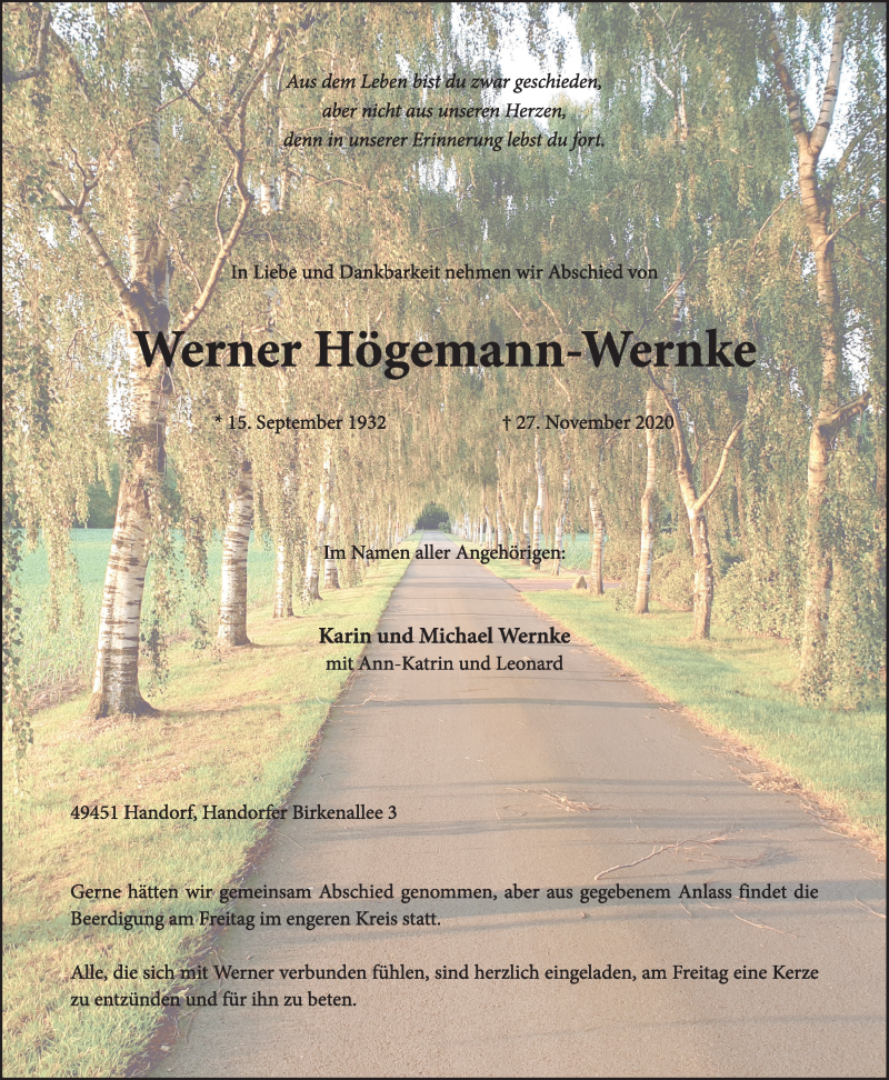  Traueranzeige für Werner Högemann-Wernke vom 30.11.2020 aus OM-Medien