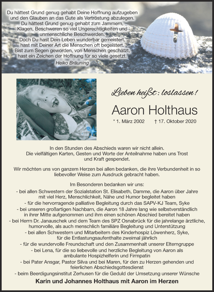  Traueranzeige für Aaron Holthaus vom 05.12.2020 aus OM-Medien