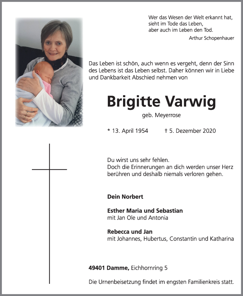  Traueranzeige für Brigitte Varwig vom 08.12.2020 aus OM-Medien