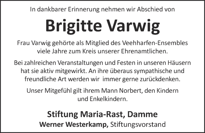  Traueranzeige für Brigitte Varwig vom 09.12.2020 aus OM-Medien