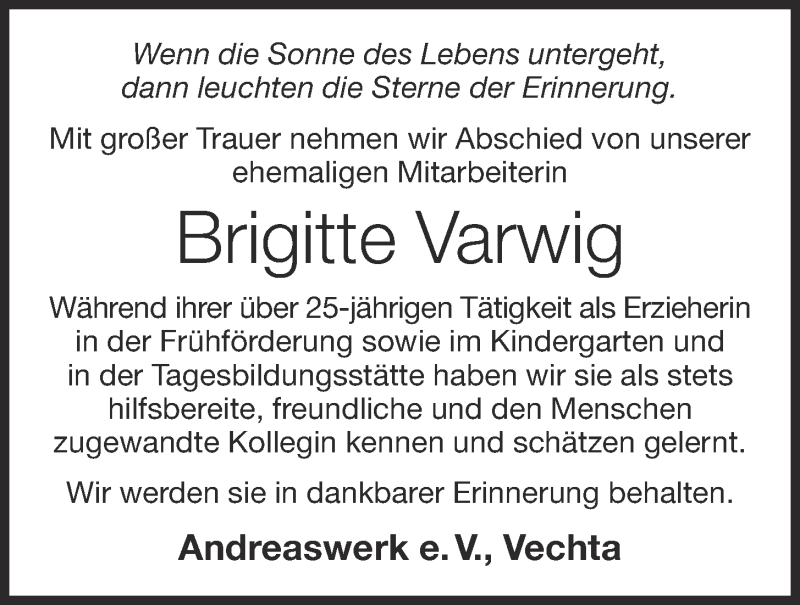  Traueranzeige für Brigitte Varwig vom 10.12.2020 aus OM-Medien