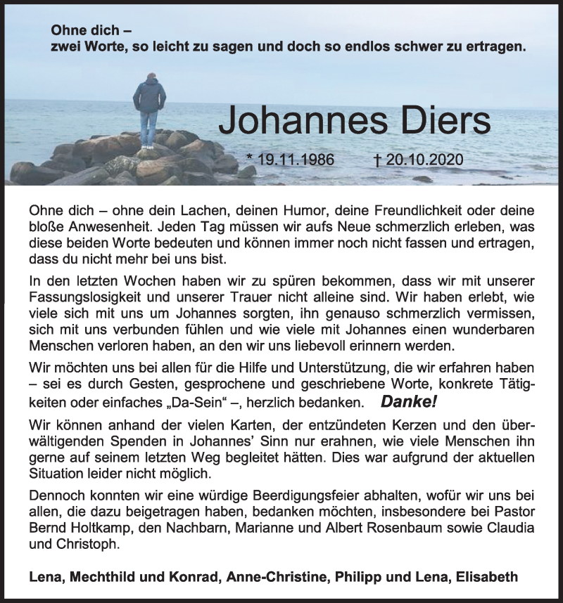  Traueranzeige für Johannes Diers vom 05.12.2020 aus OM-Medien