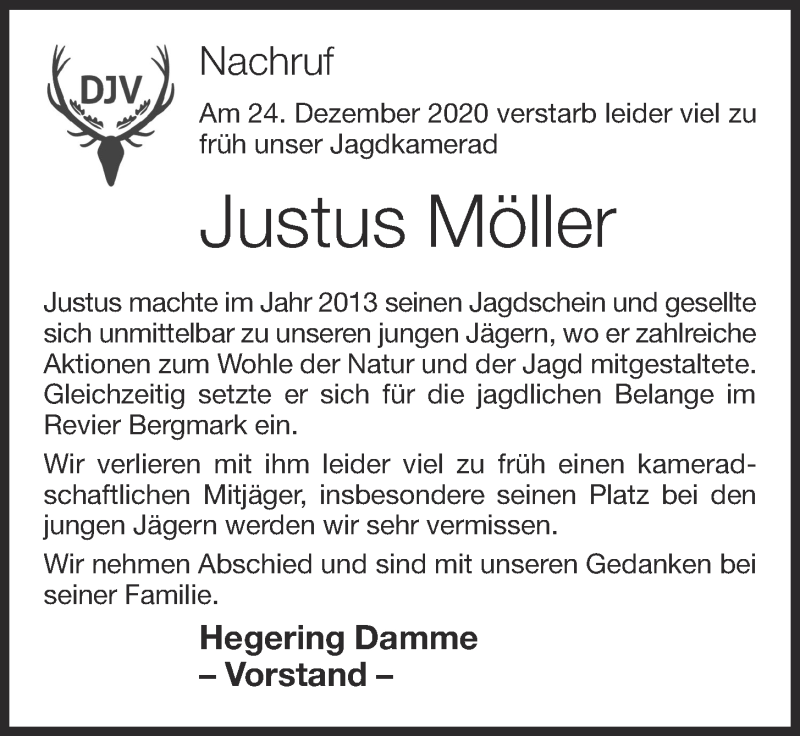  Traueranzeige für Justus Möller vom 29.12.2020 aus OM-Medien