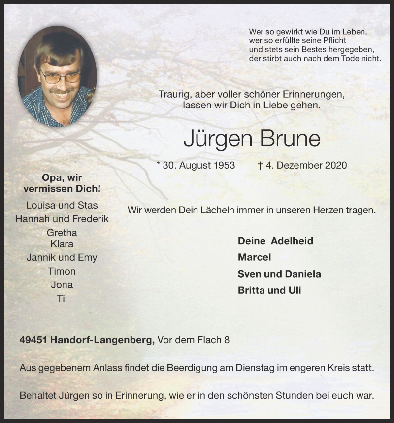  Traueranzeige für Jürgen Brune vom 07.12.2020 aus OM-Medien