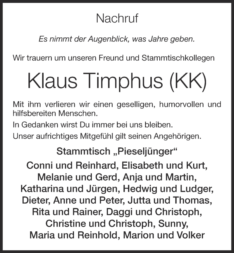  Traueranzeige für Klaus Timphus vom 01.12.2020 aus OM-Medien