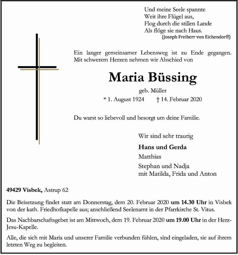  Traueranzeige für Maria Büssing vom 17.02.2020 aus OM-Medien