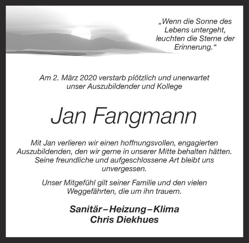 Traueranzeige für Jan Fangmann vom 05.03.2020 aus OM-Medien