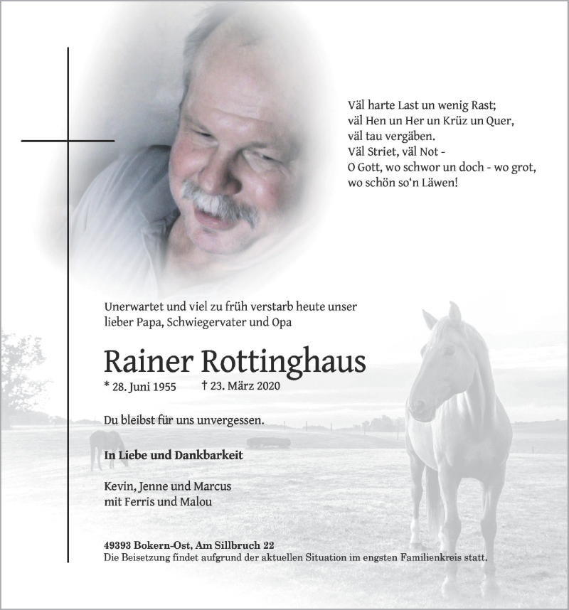  Traueranzeige für Rainer Rottinghaus vom 26.03.2020 aus OM-Medien
