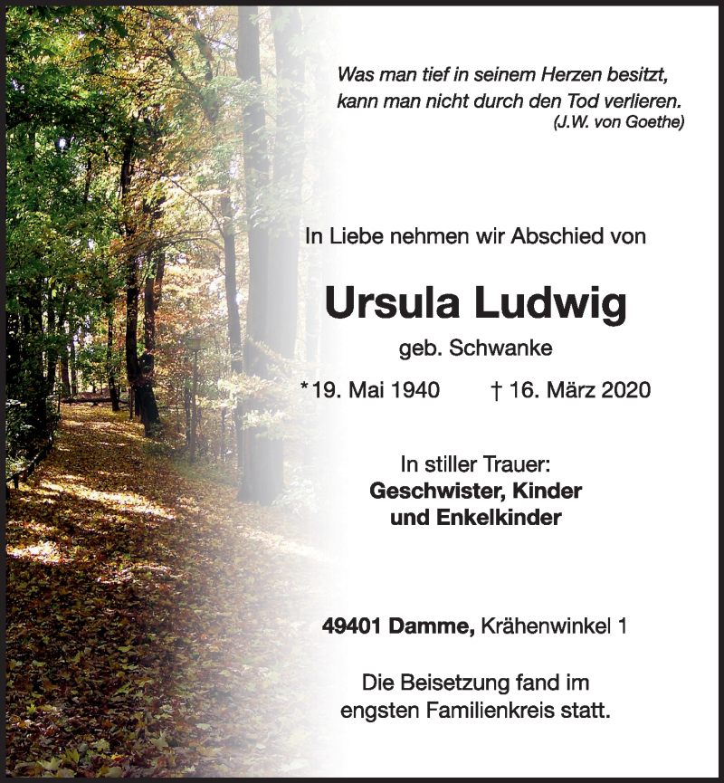  Traueranzeige für Urslua Ludwig vom 21.03.2020 aus OM-Medien