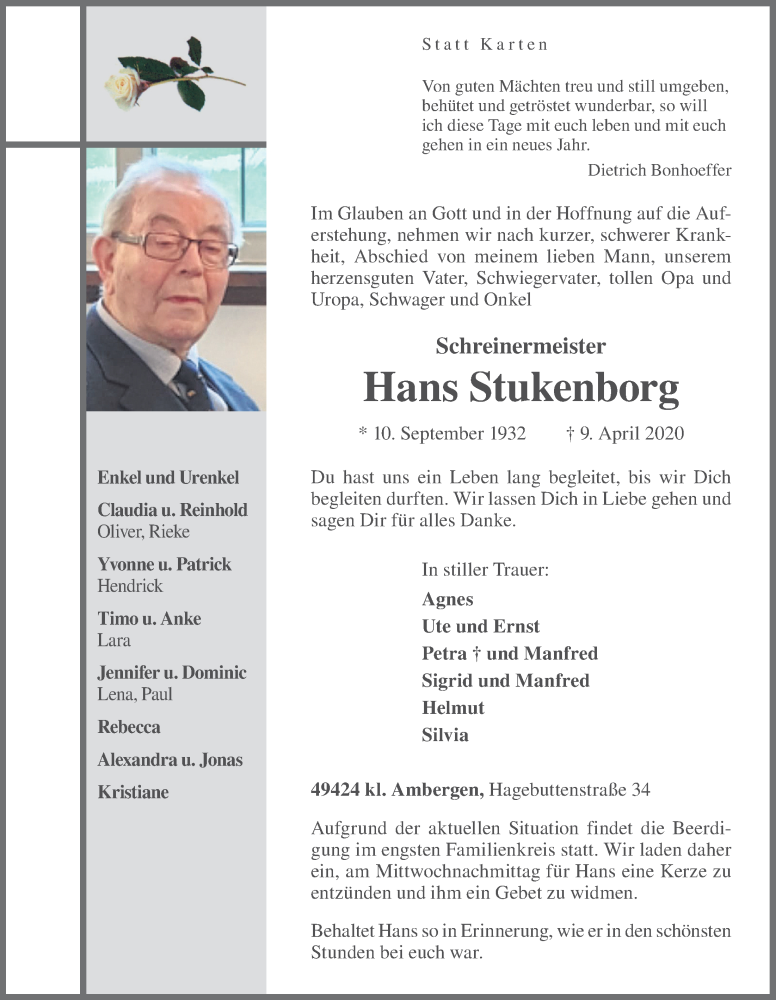  Traueranzeige für Hans Stukenborg vom 11.04.2020 aus OM-Medien