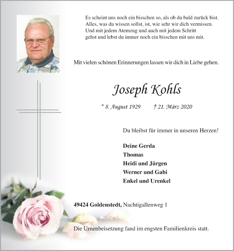  Traueranzeige für Joseph Kohls vom 03.04.2020 aus OM-Medien