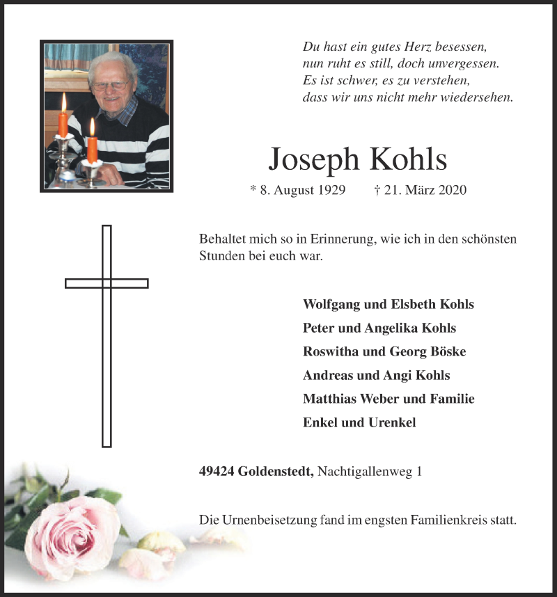  Traueranzeige für Joseph Kohls vom 08.04.2020 aus OM-Medien