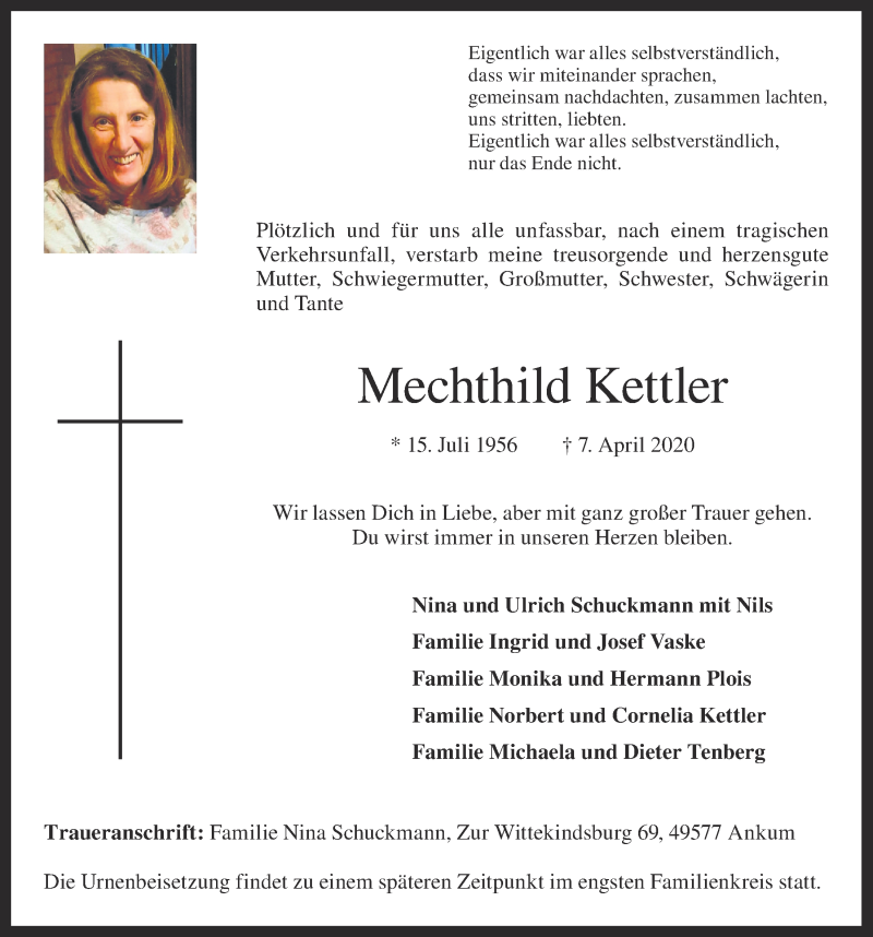  Traueranzeige für Mechthild Kettler vom 15.04.2020 aus OM-Medien