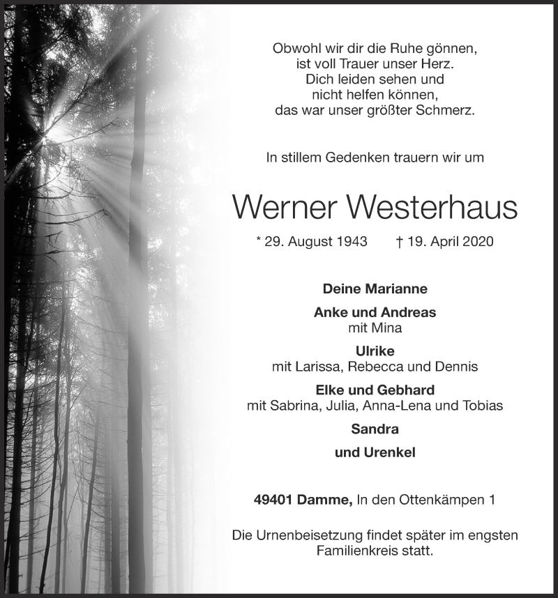  Traueranzeige für Werner Westerhaus vom 22.04.2020 aus OM-Medien