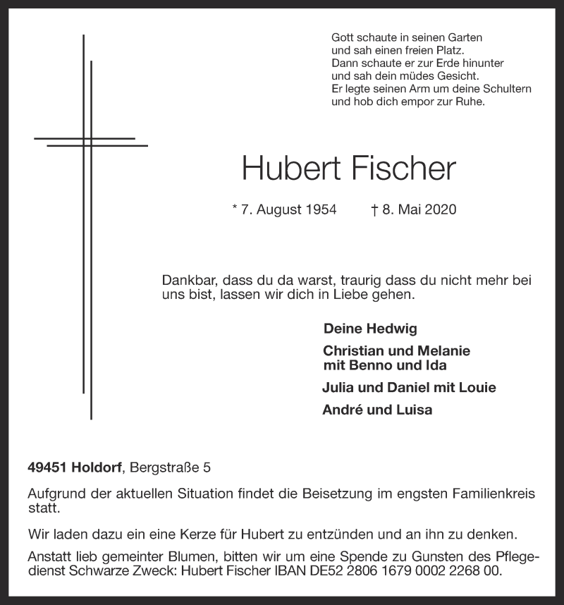  Traueranzeige für Hubert Fischer vom 11.05.2020 aus OM-Medien