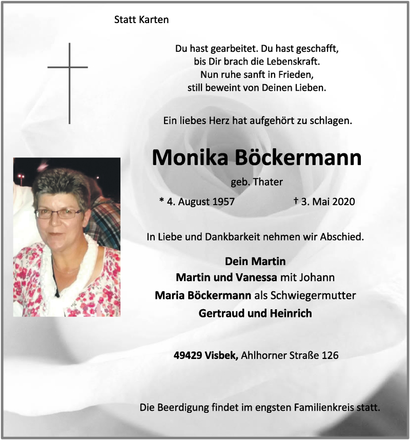  Traueranzeige für Monika Böckermann vom 05.05.2020 aus OM-Medien