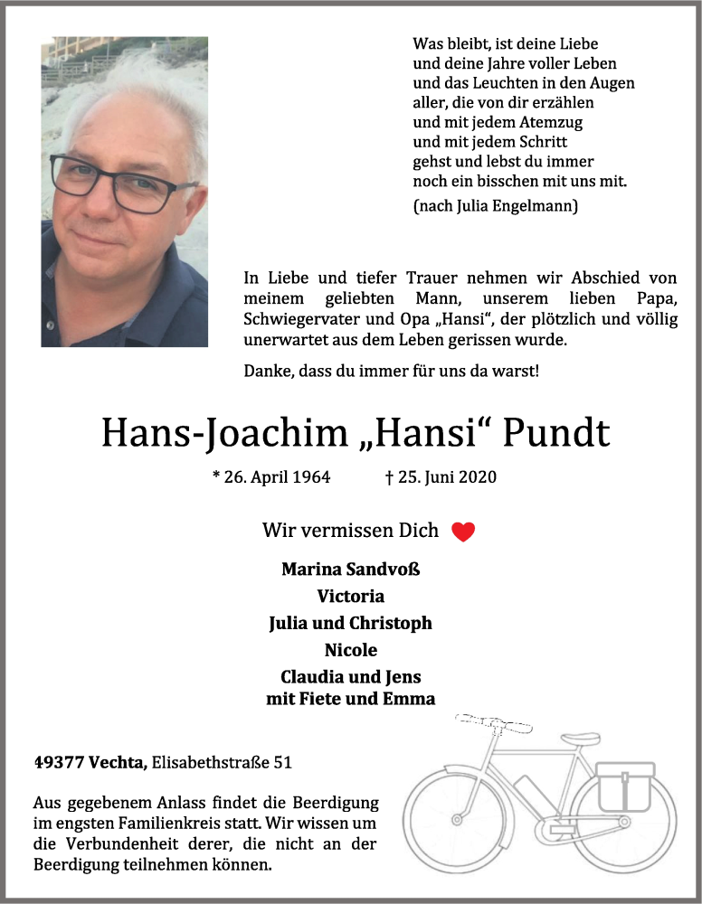  Traueranzeige für Hans-Joachim Pundt vom 29.06.2020 aus OM-Medien
