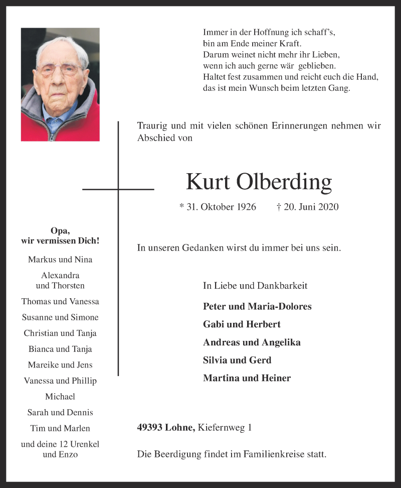  Traueranzeige für Kurt Olberding vom 22.06.2020 aus OM-Medien