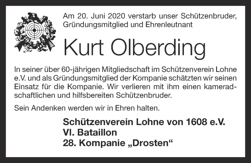  Traueranzeige für Kurt Olberding vom 23.06.2020 aus OM-Medien