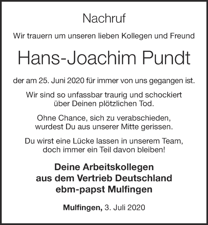 Traueranzeige für Hans-Joachim Pundt vom 03.07.2020 aus OM-Medien