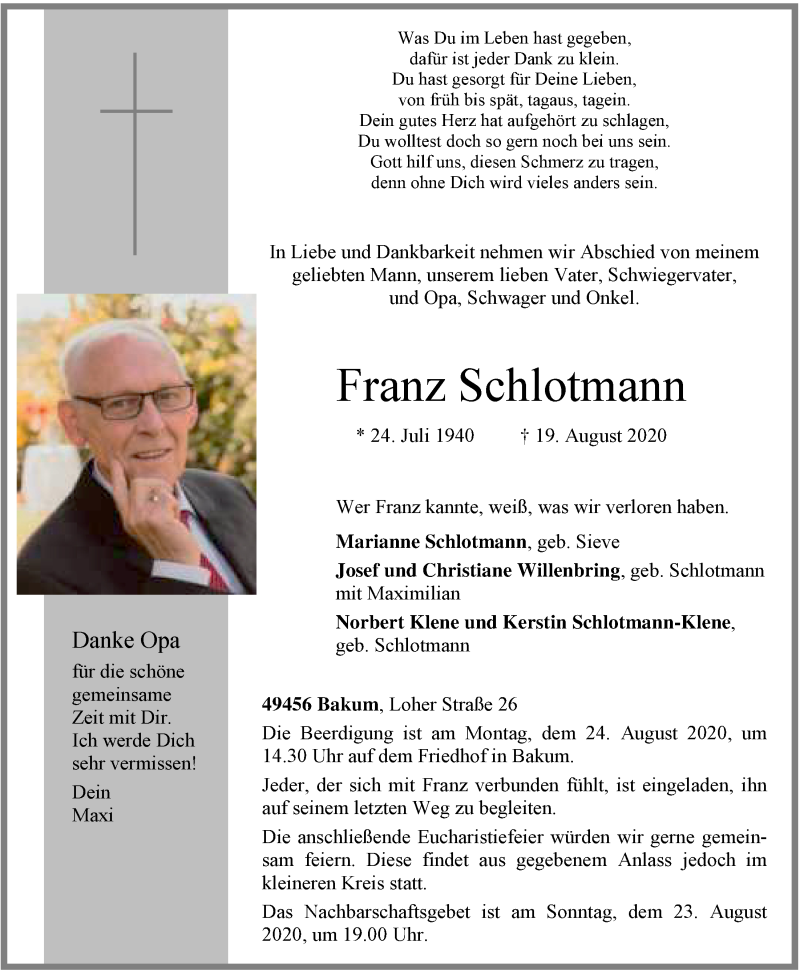  Traueranzeige für Franz Schlotmann vom 21.08.2020 aus OM-Medien