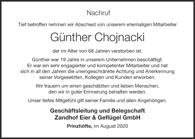  Traueranzeige für Günther Chojnacki vom 06.08.2020 aus OM-Medien