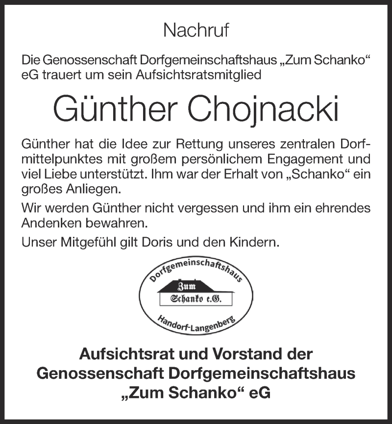  Traueranzeige für Günther Chojnacki vom 06.08.2020 aus OM-Medien