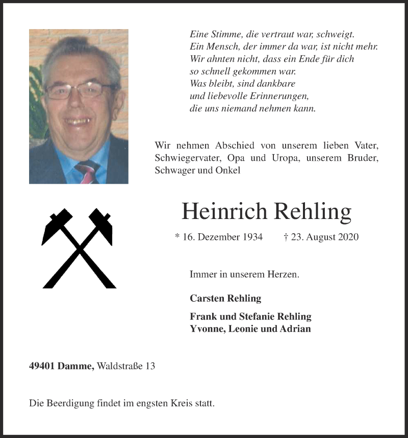  Traueranzeige für Heinrich Rehling vom 25.08.2020 aus OM-Medien