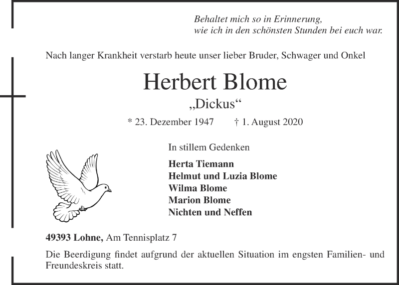  Traueranzeige für Herbert Blome vom 04.08.2020 aus OM-Medien