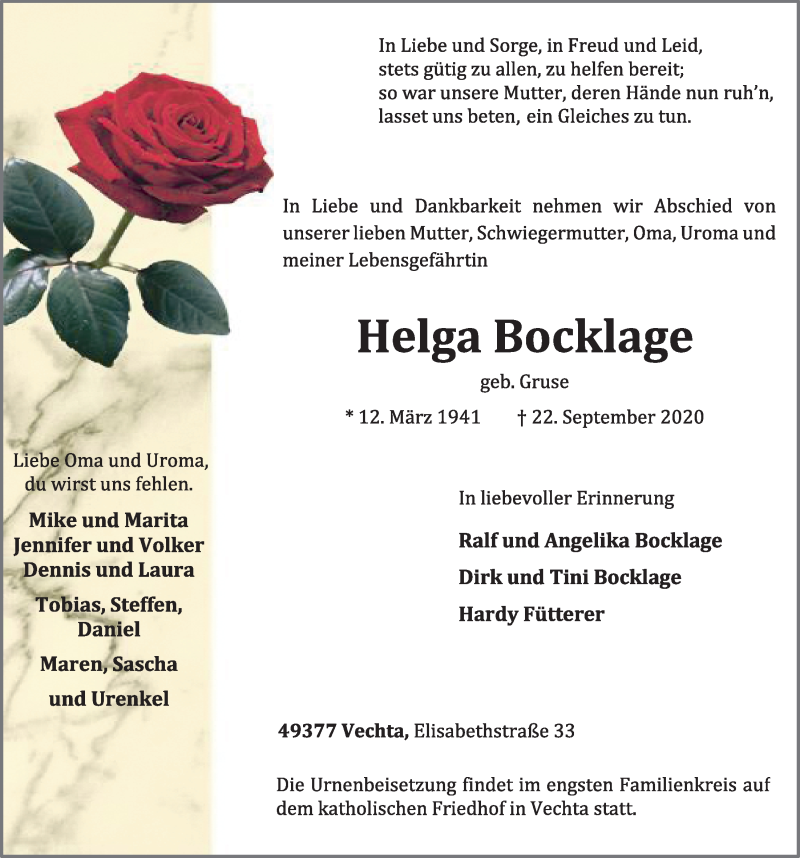  Traueranzeige für Helga Bocklage vom 25.09.2020 aus OM-Medien