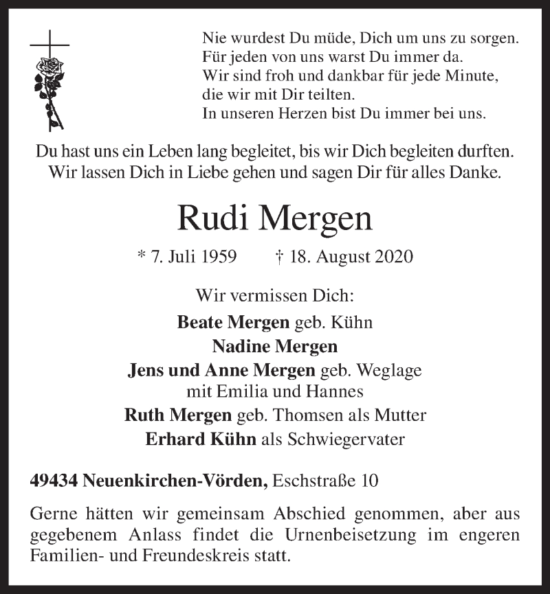  Traueranzeige für Rudi Mergen vom 05.09.2020 aus OM-Medien