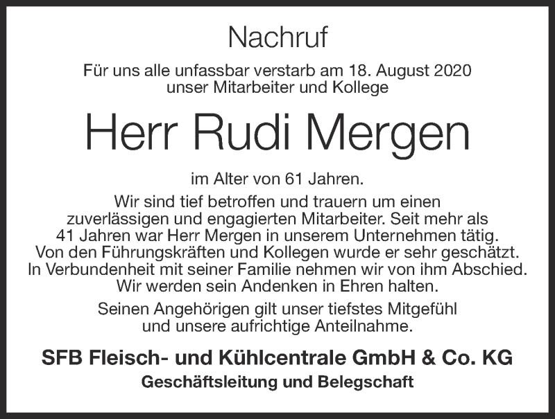  Traueranzeige für Rudi Mergen vom 08.09.2020 aus OM-Medien