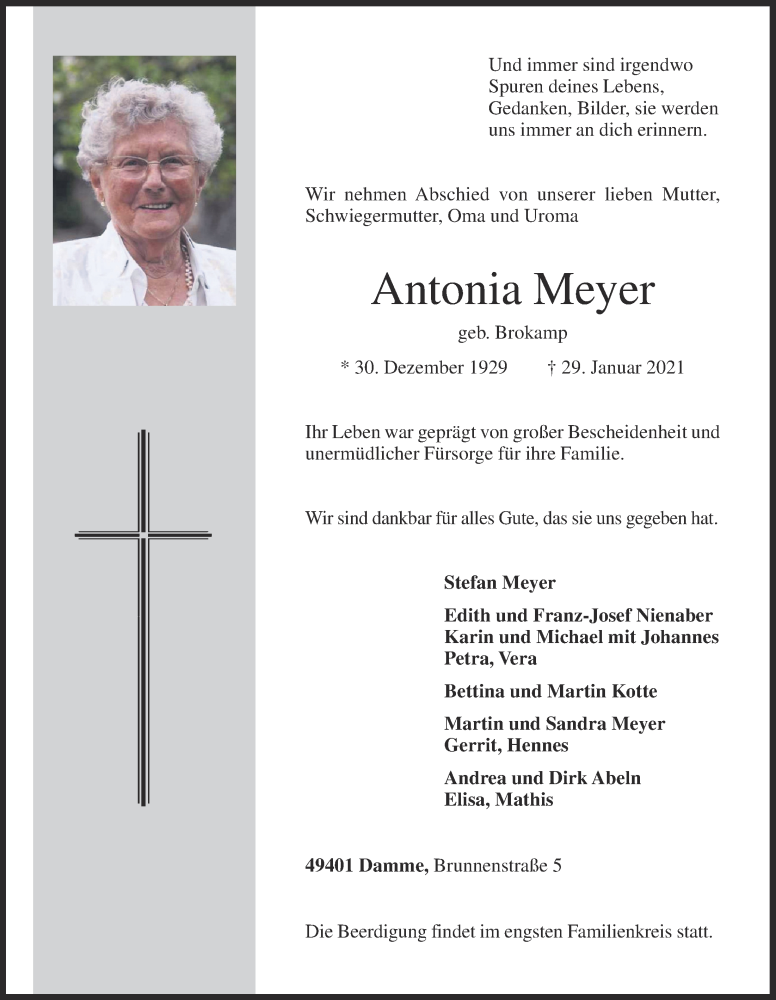  Traueranzeige für Antonia Meyer vom 30.01.2021 aus OM-Medien