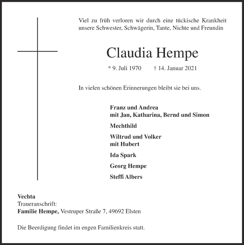  Traueranzeige für Claudia Hempe vom 16.01.2021 aus OM-Medien