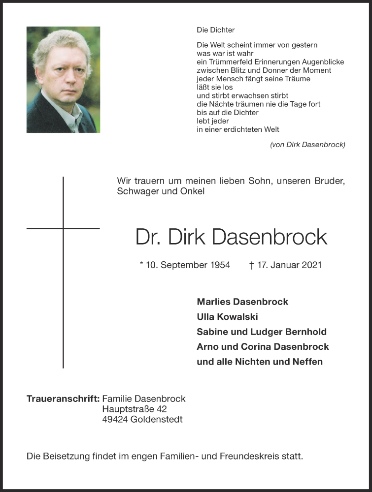  Traueranzeige für Dirk Dasenbrock vom 20.01.2021 aus OM-Medien