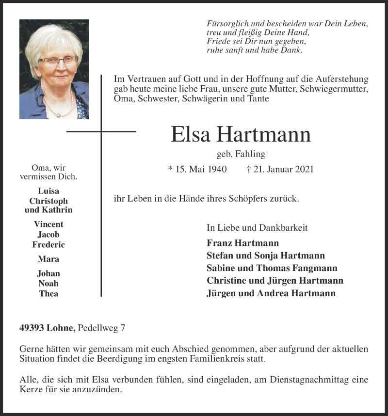  Traueranzeige für Elsa Hartmann vom 23.01.2021 aus OM-Medien
