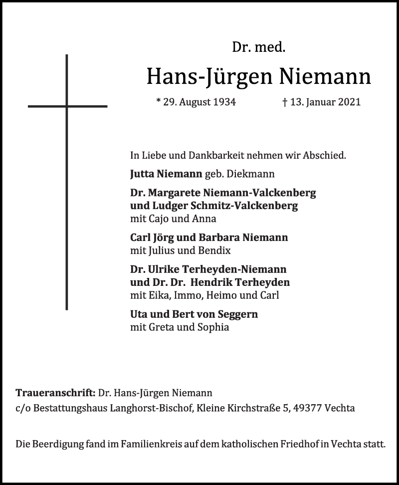  Traueranzeige für Hans-Jürgen Niemann vom 19.01.2021 aus OM-Medien