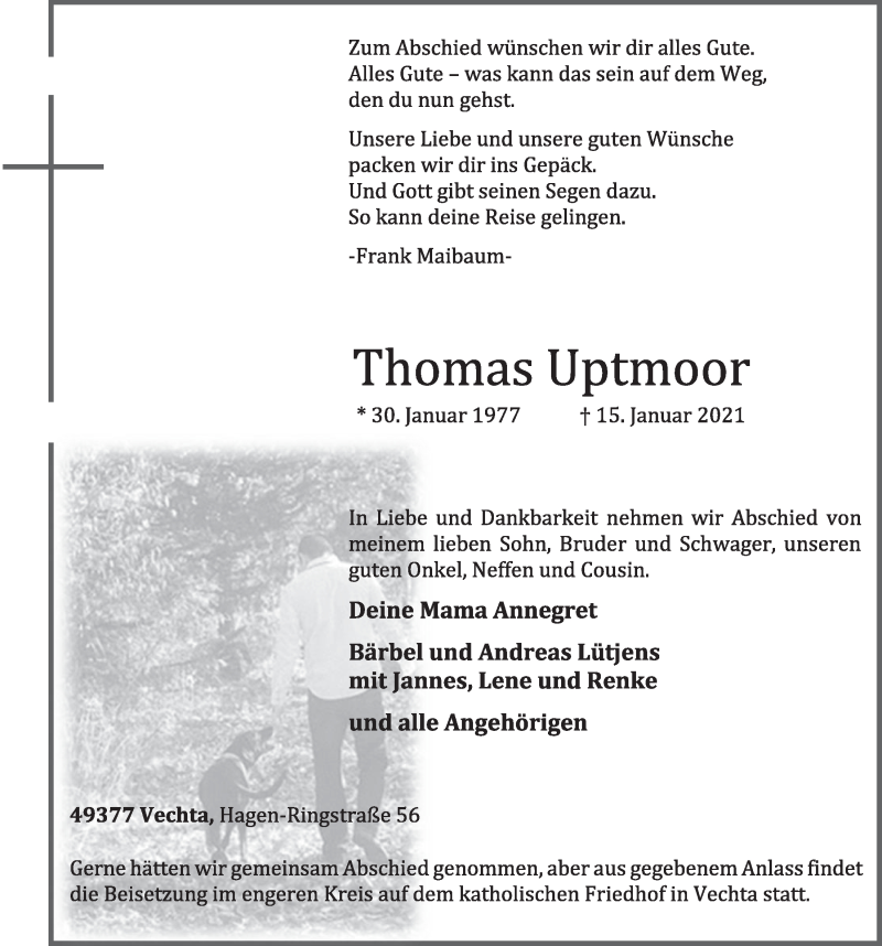  Traueranzeige für Thomas Uptmoor vom 18.01.2021 aus OM-Medien