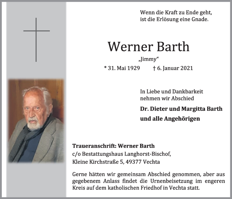 Traueranzeige für Werner Barth vom 08.01.2021 aus OM-Medien