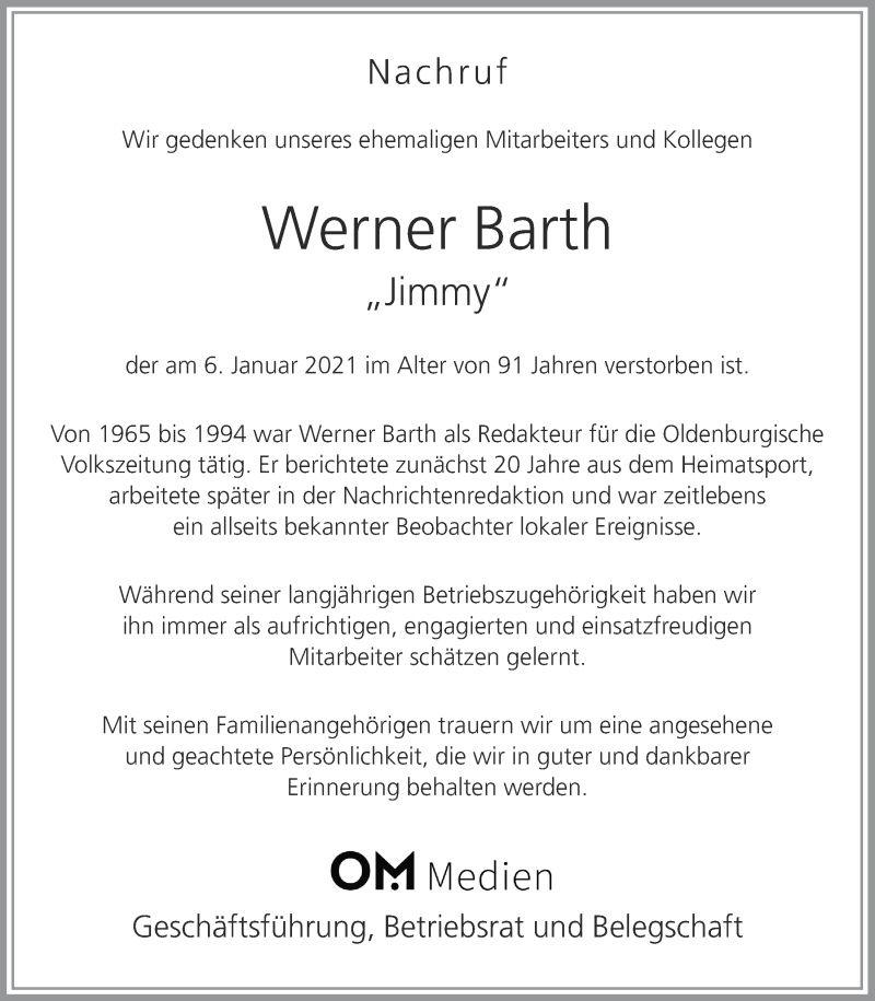  Traueranzeige für Werner Barth vom 09.01.2021 aus OM-Medien